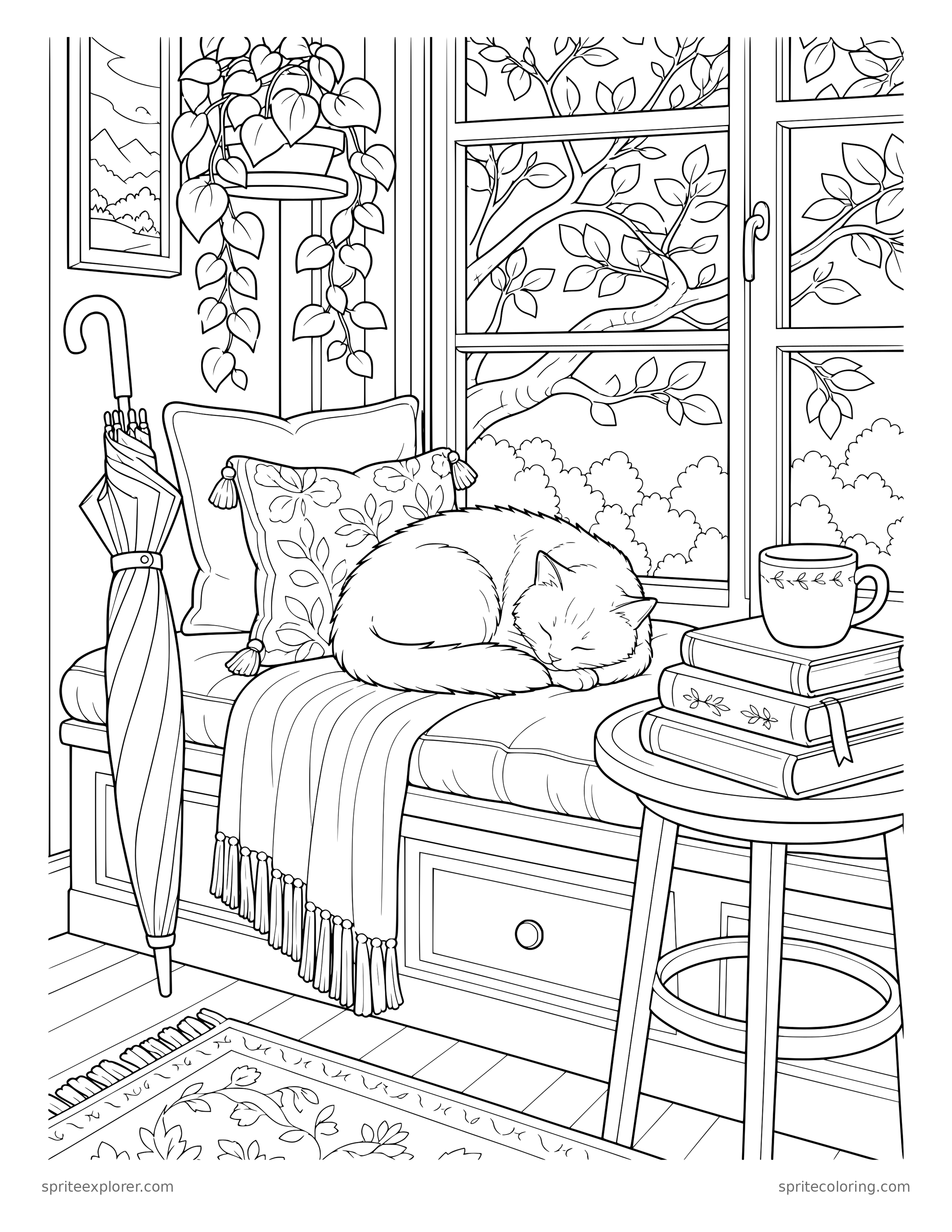 Cat by a Rainy Window Coloring Page