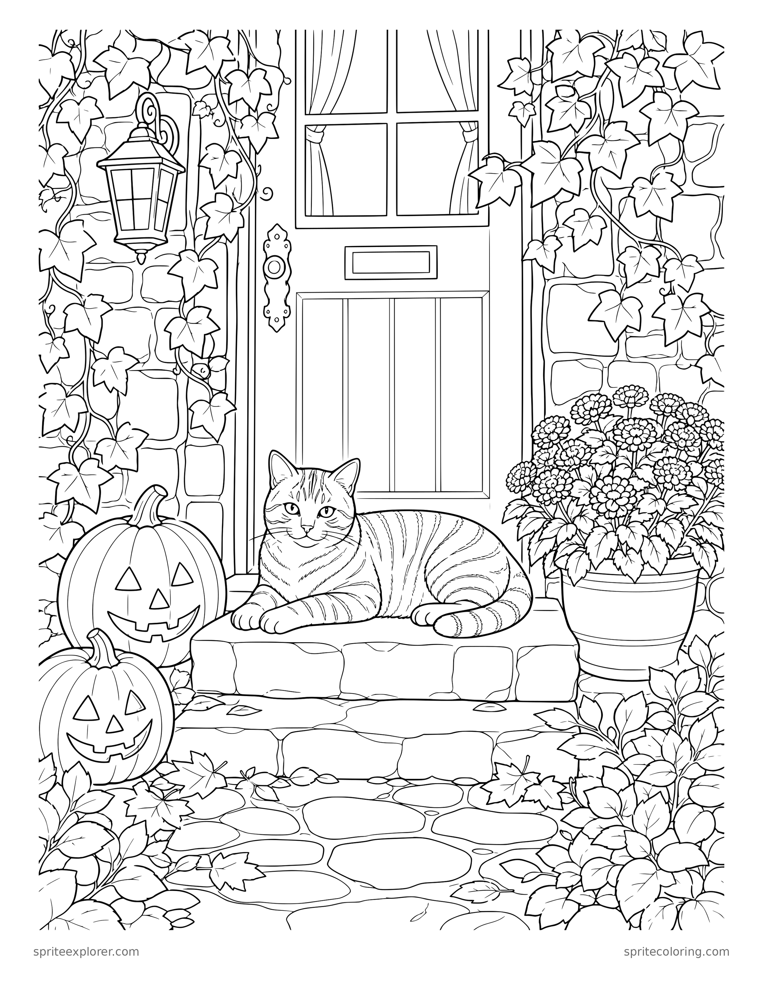 Halloween Cat at the Cottage Door Coloring Page