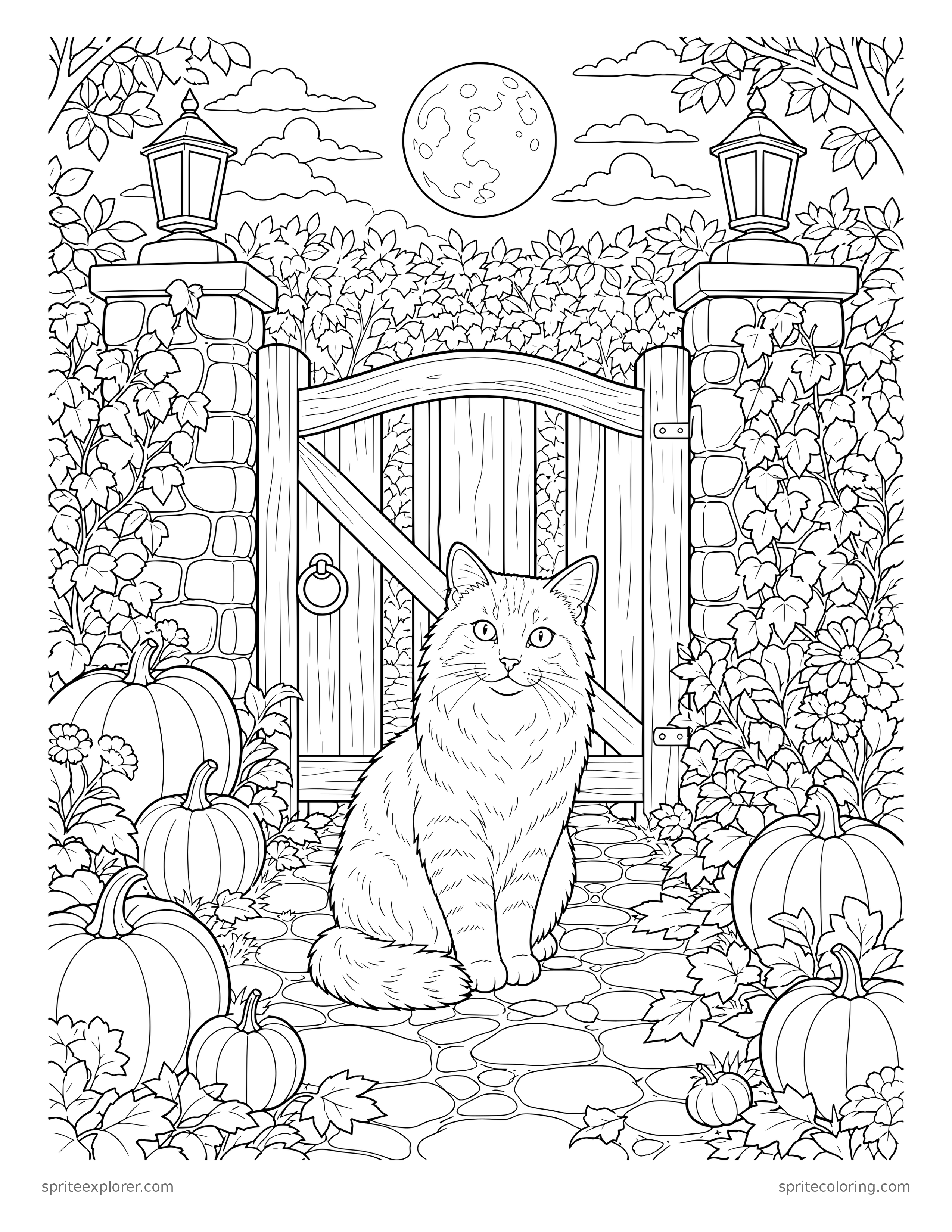 Moonlit Halloween Garden Cat Coloring Page