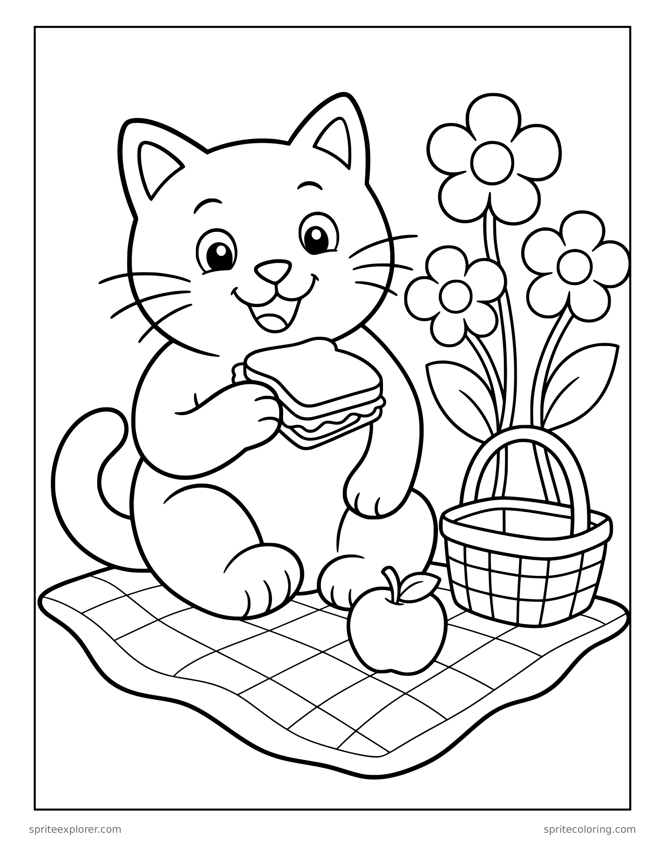 Cat at a Picnic Coloring Page