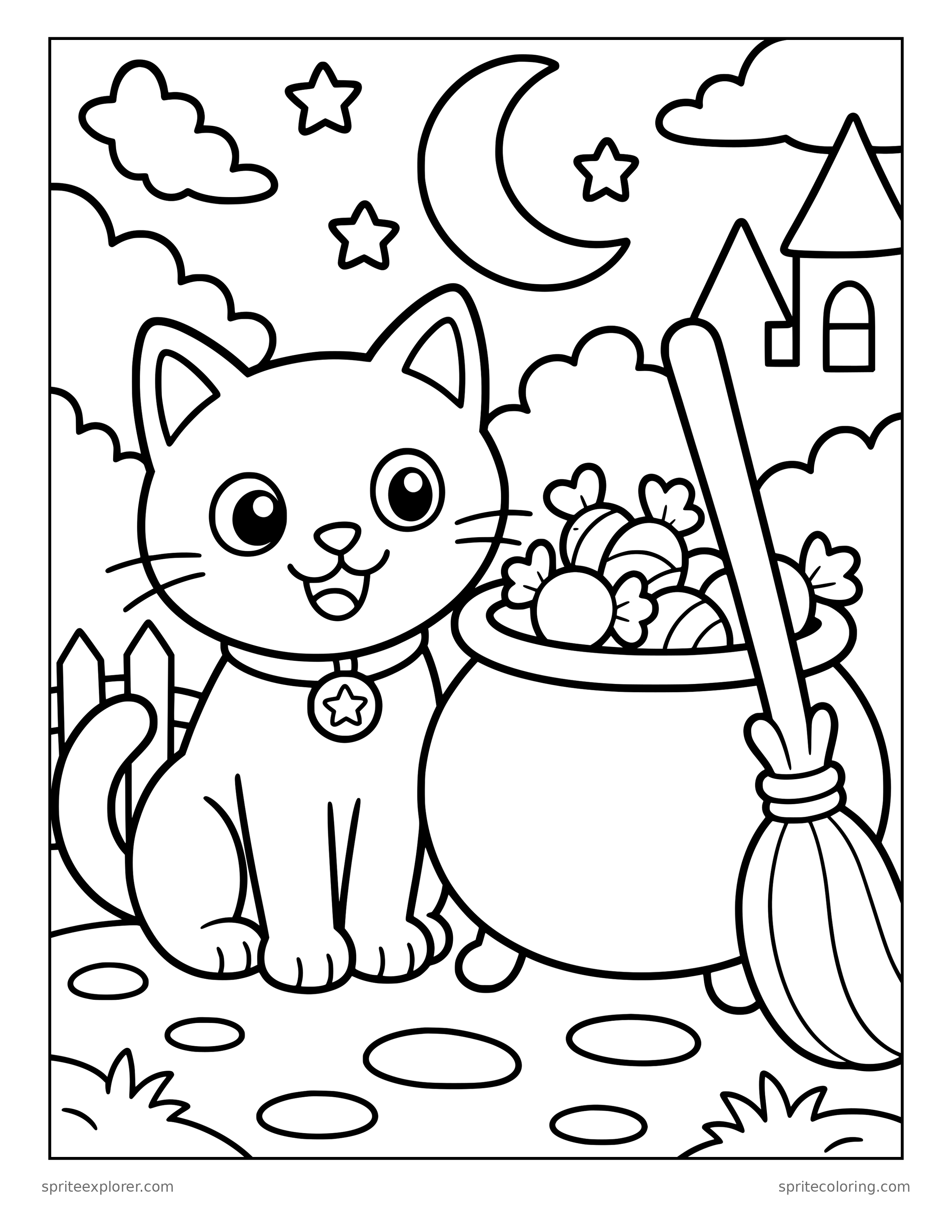 Cat by a Candy Cauldron Coloring Page