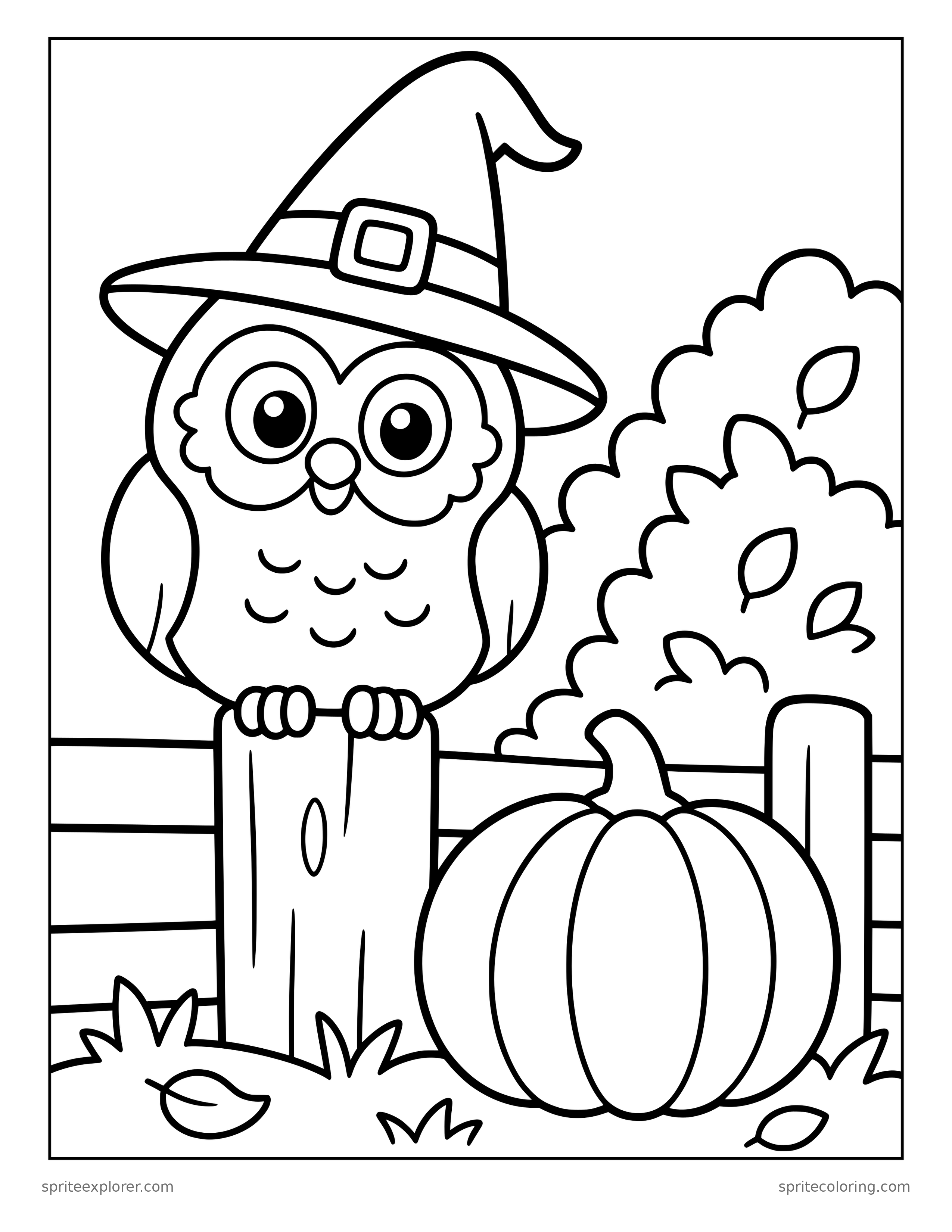 Owl in a Witch Hat Coloring Page