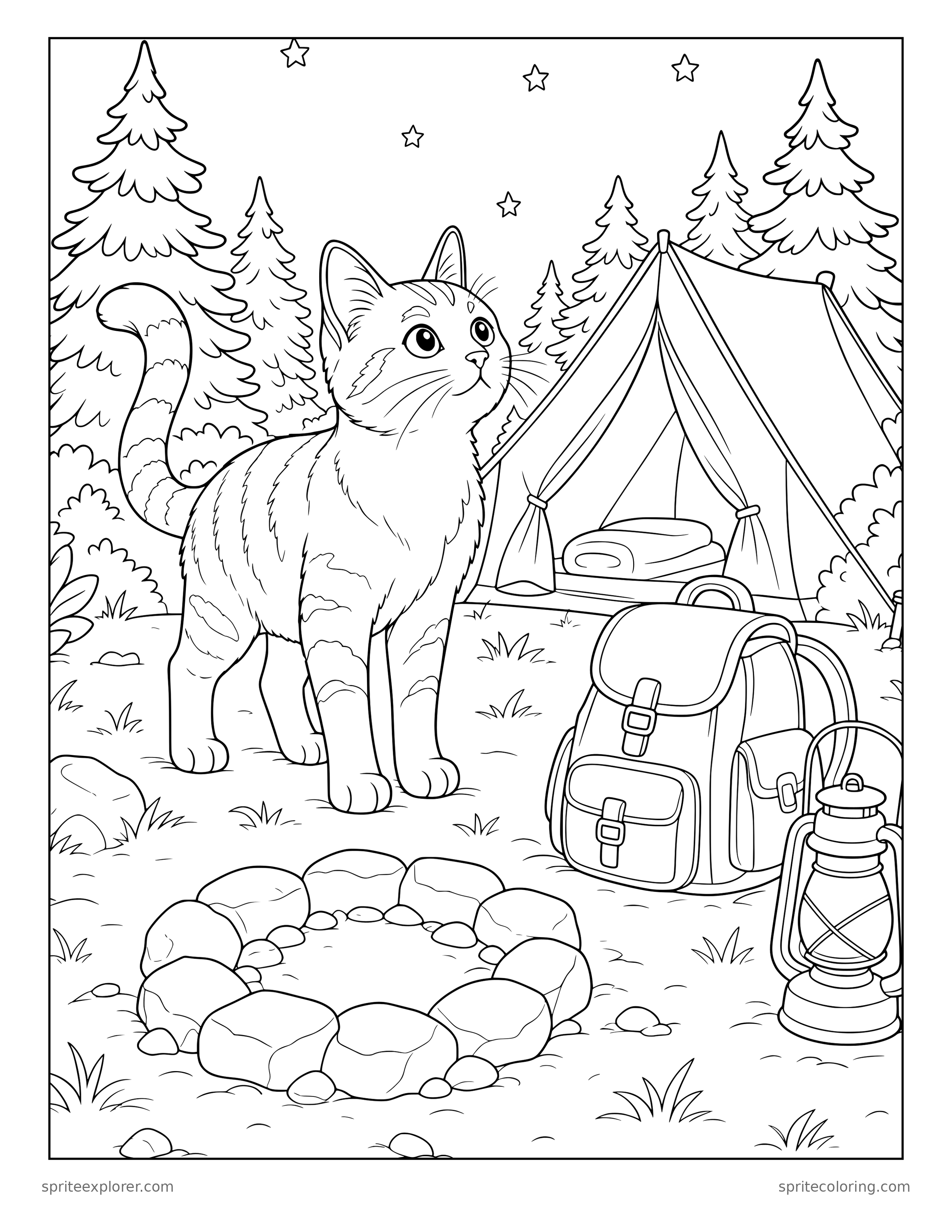 Cat Camping Coloring Page