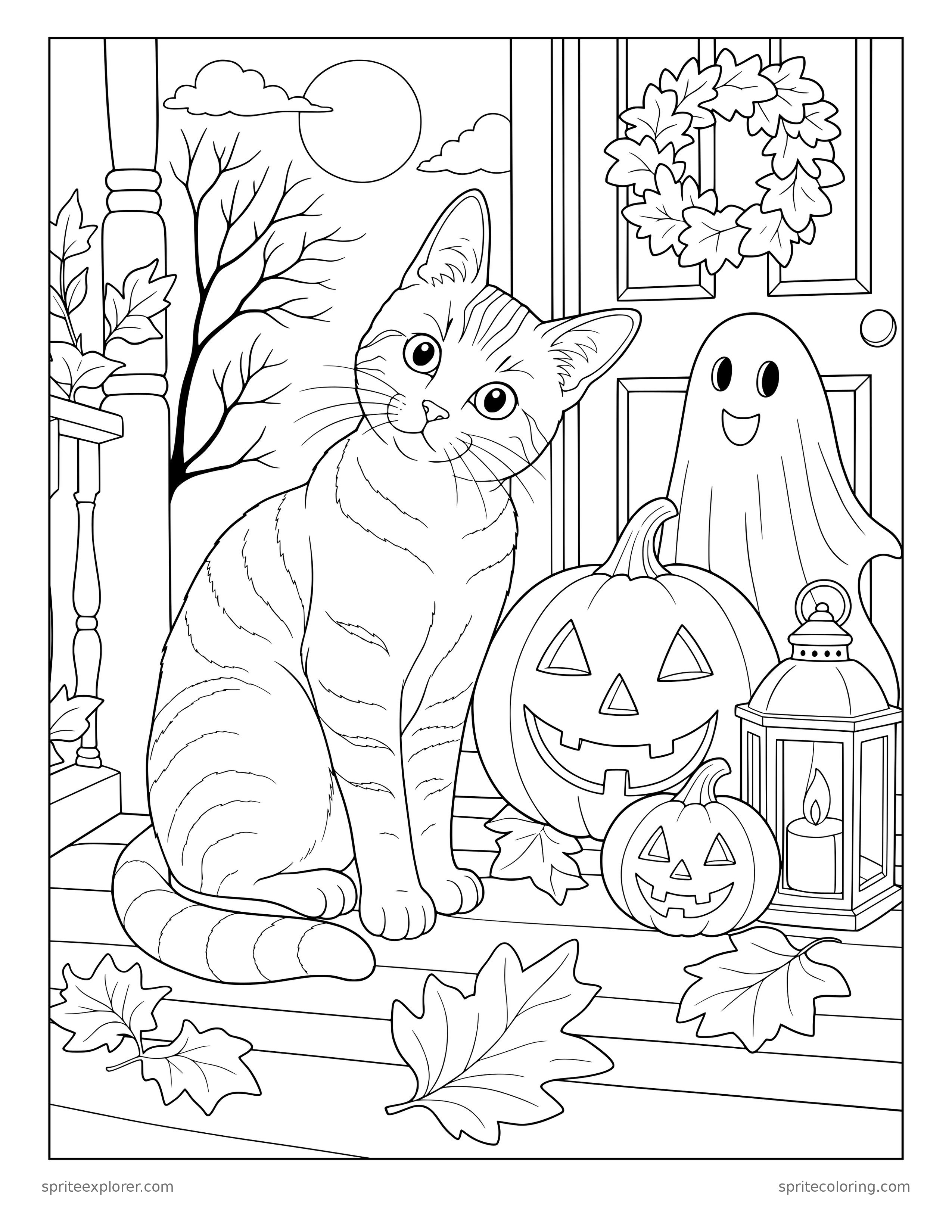 Halloween Cat on the Porch Coloring Page
