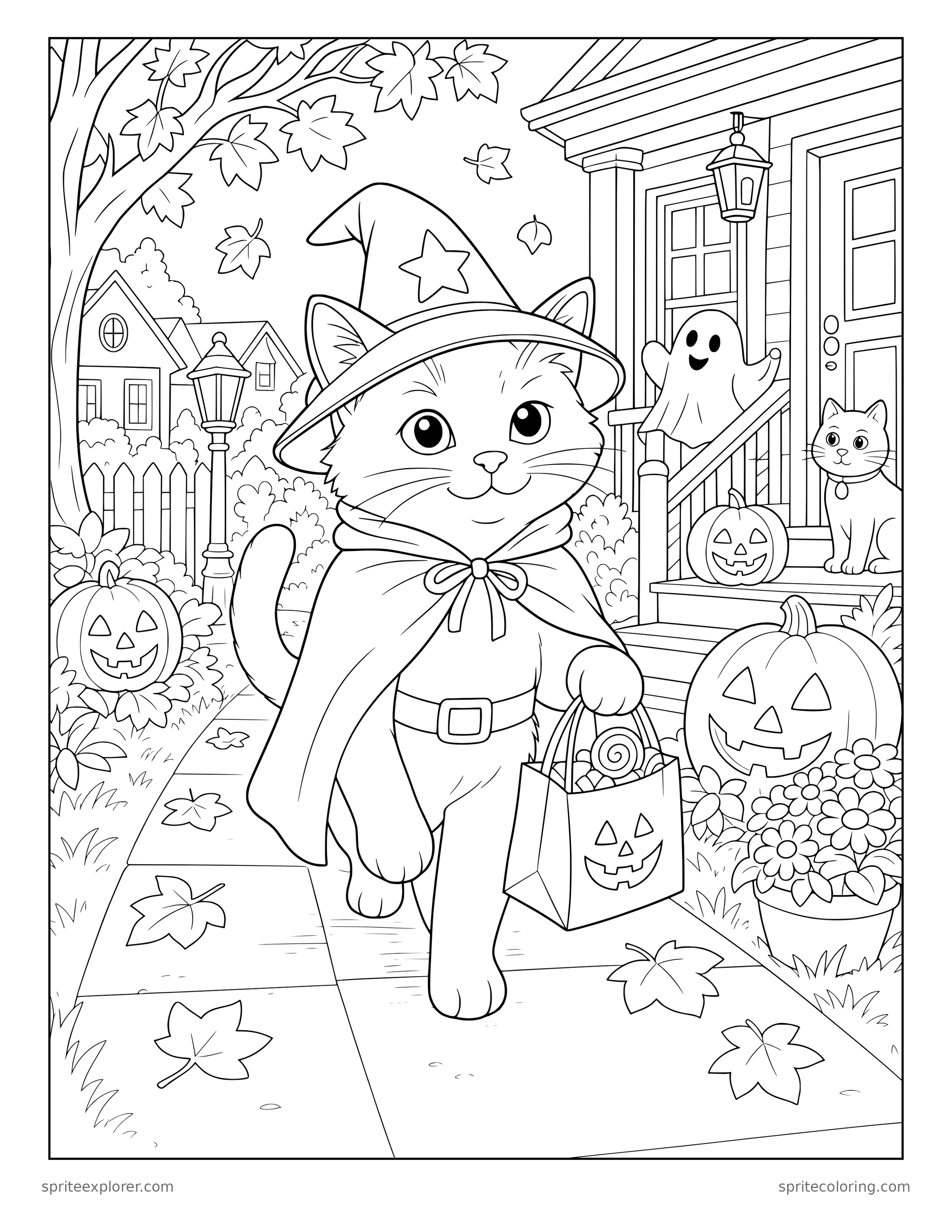 Halloween Cat Trick-or-Treat Coloring Page
