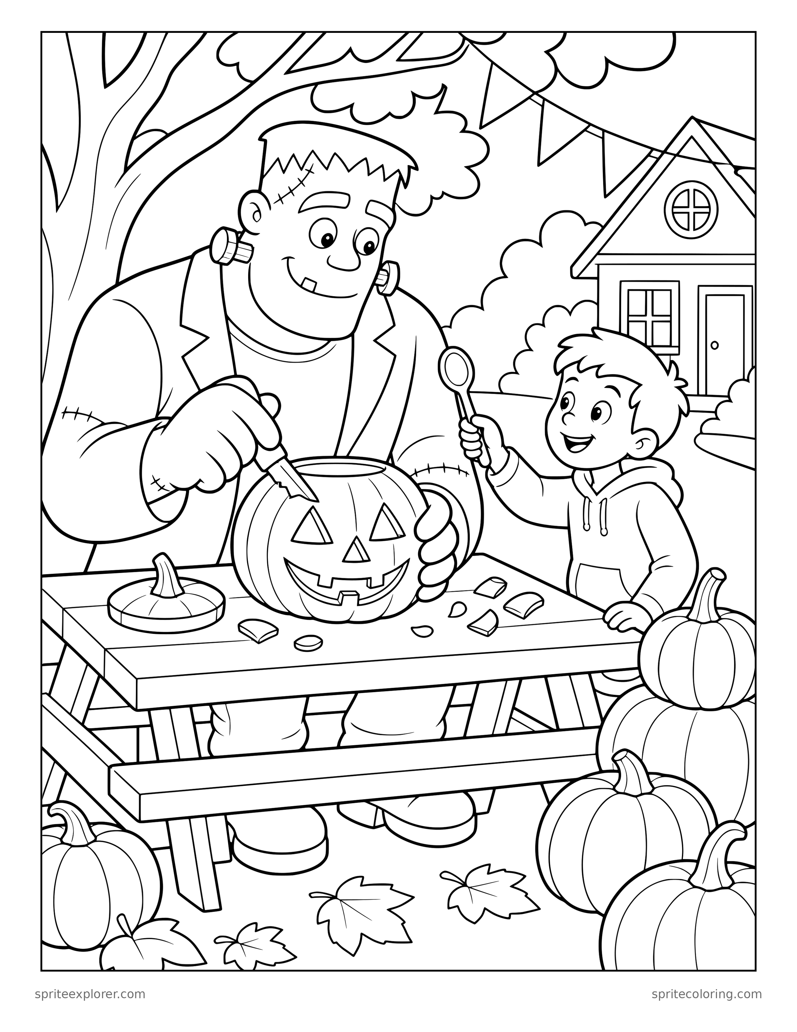 Monster Carving a Pumpkin Coloring Page