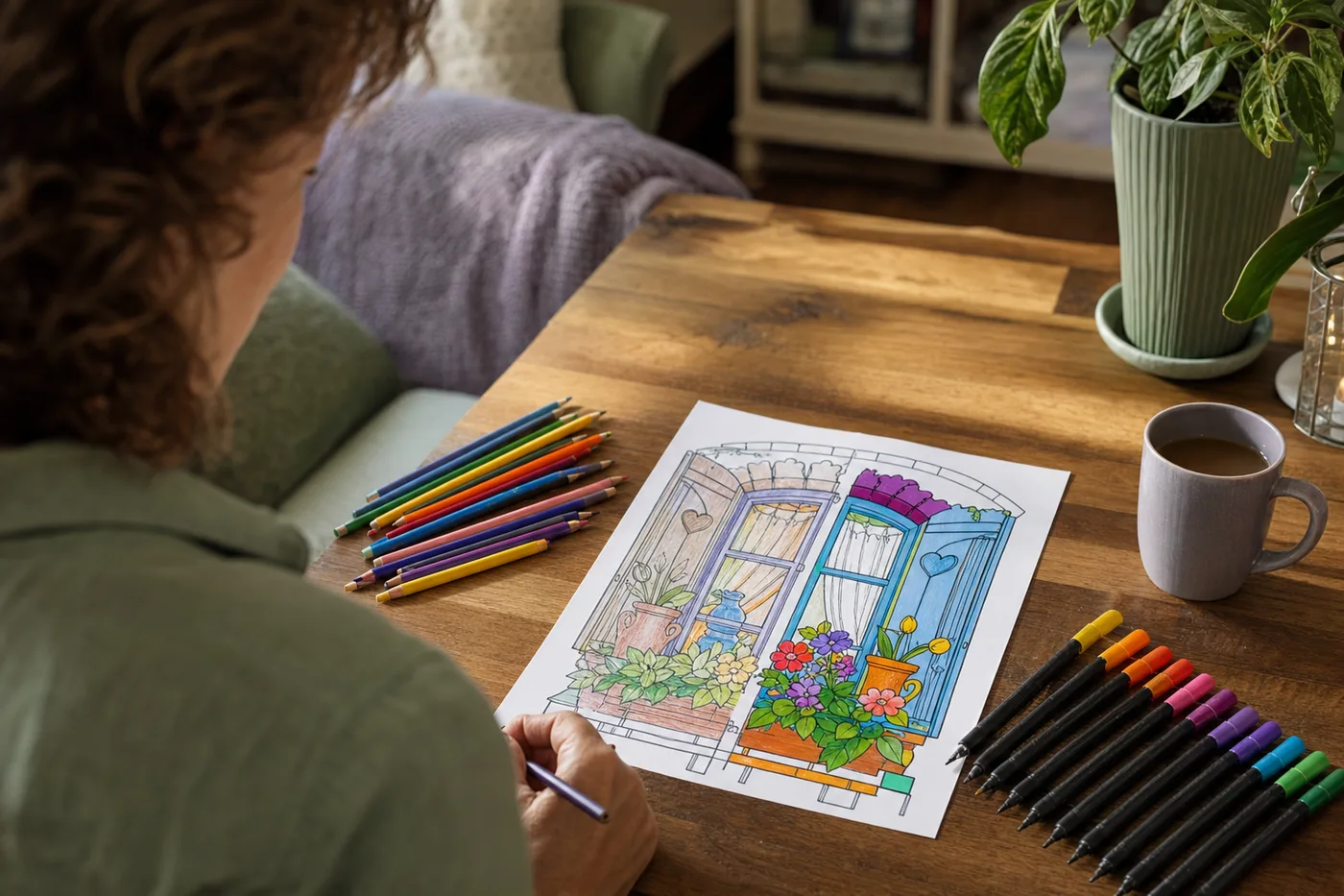 Colored pencils and markers on a wooden table beside a coloring page colored half in pencil and half in marker