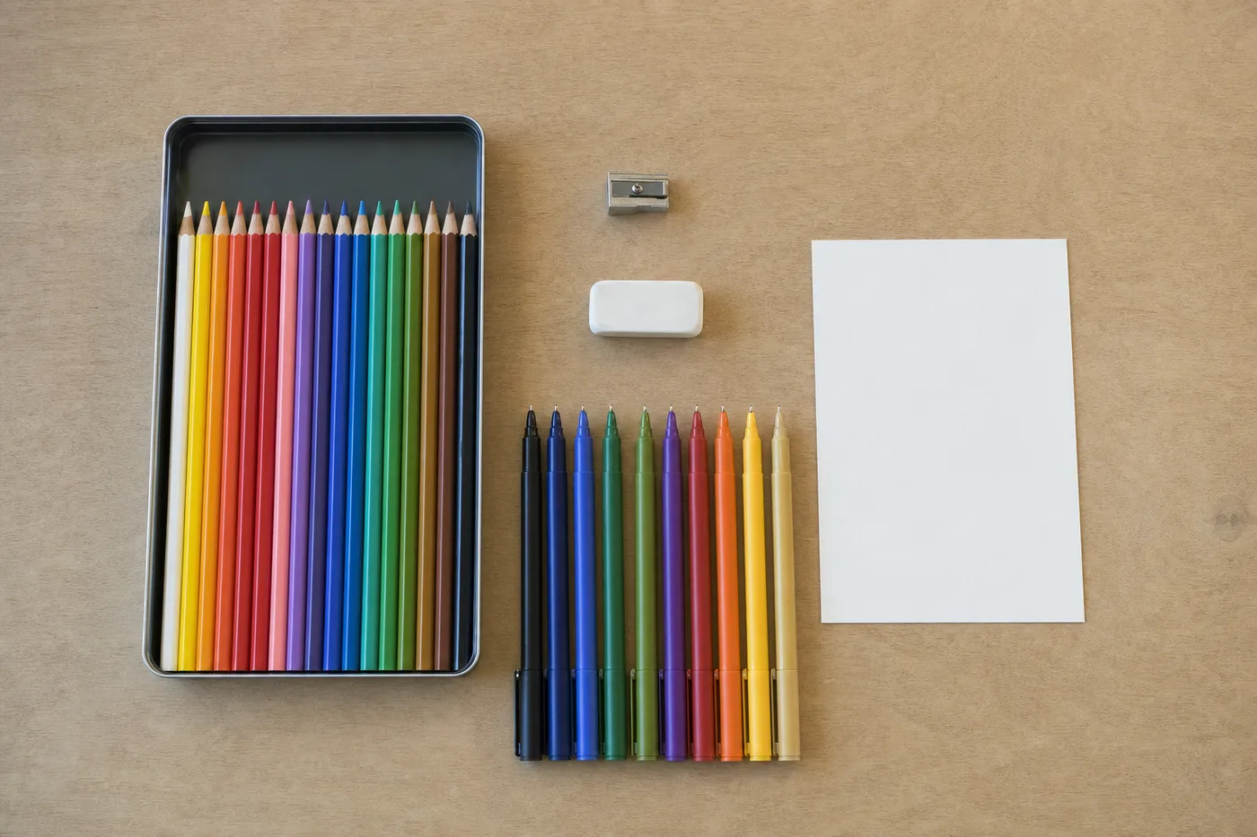 Adult coloring starter kit laid out: colored pencils, sharpener, eraser, fine-tip pens, and cardstock