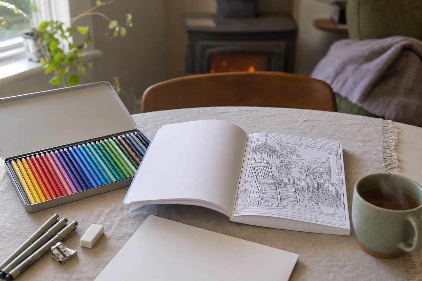 Adult coloring starter kit: a tin of colored pencils, sharpener, eraser, pens, and an open coloring book