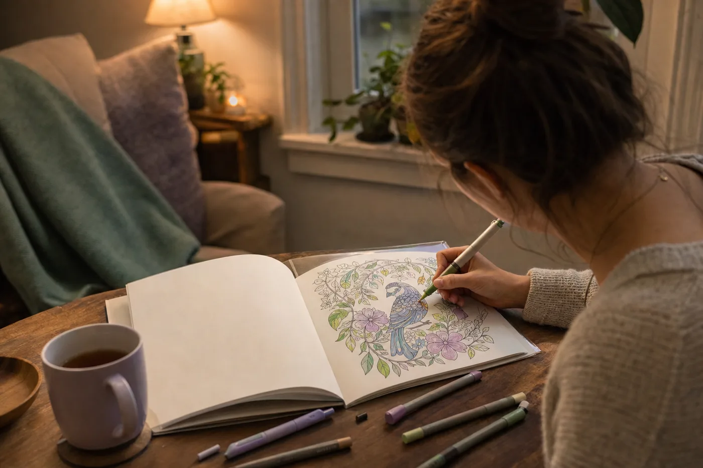 Coloring with markers in a coloring book with a clear plastic sheet behind the page