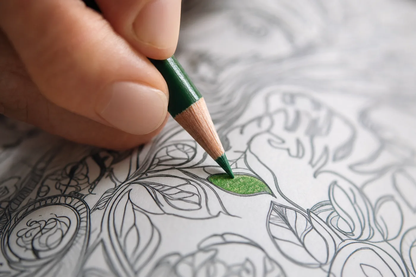 A sharp colored pencil coloring a small leaf inside the lines of a detailed coloring page