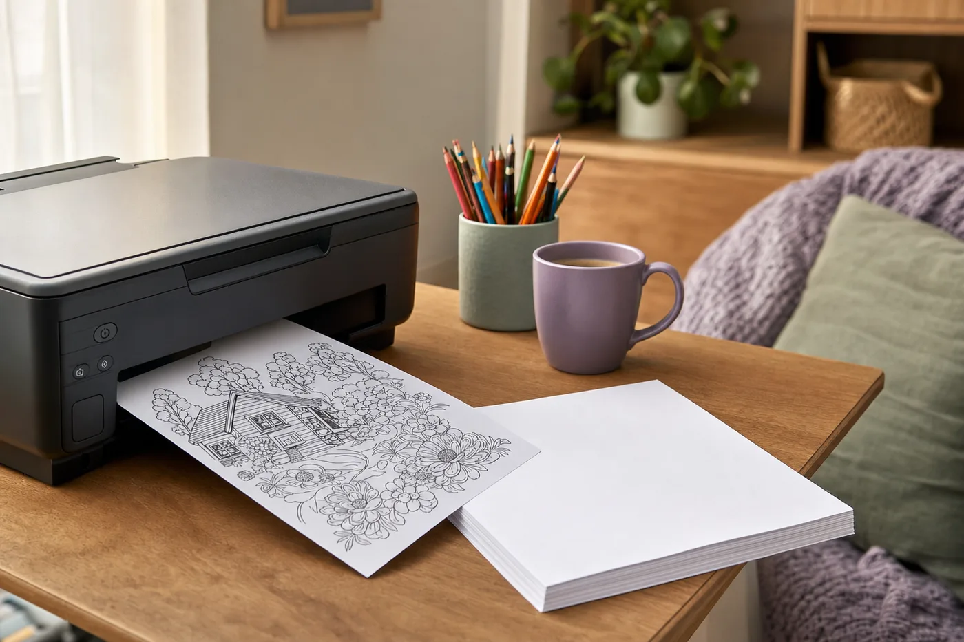 A coloring page printing on a home printer beside a stack of cardstock and colored pencils