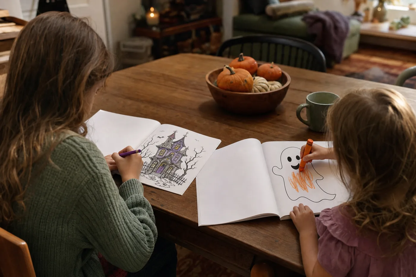 Two children coloring Halloween coloring books at a kitchen table, one with a crayon and one with a colored pencil