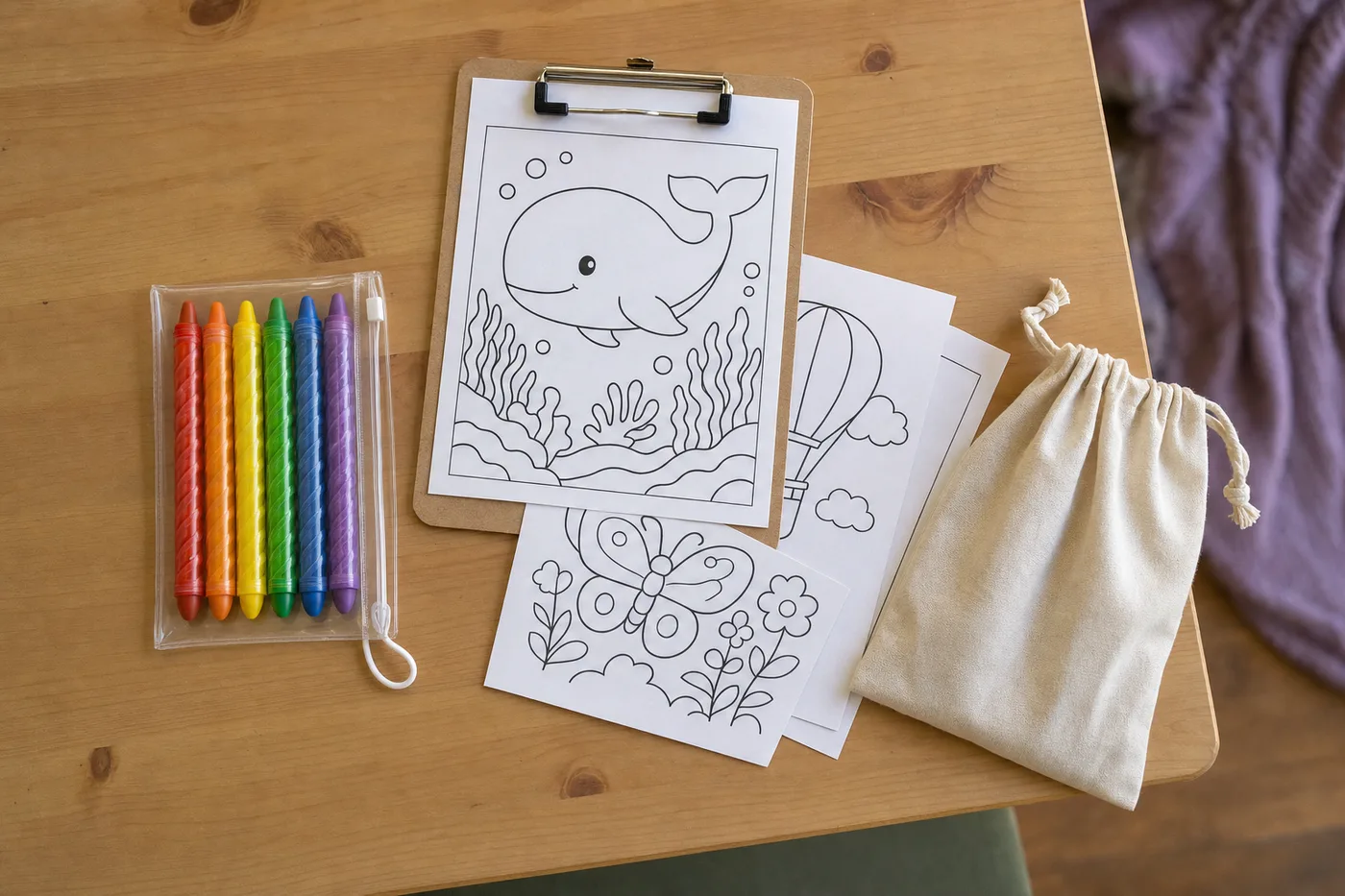 A travel coloring kit for kids: twistable crayons in a clear pouch, coloring pages on a clipboard, and a cloth bag
