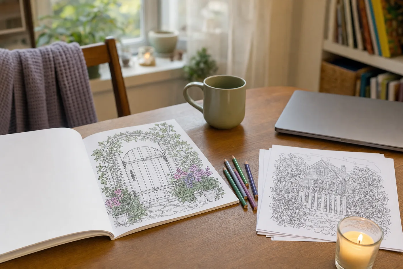 A printed coloring book open beside a stack of printed coloring pages and colored pencils