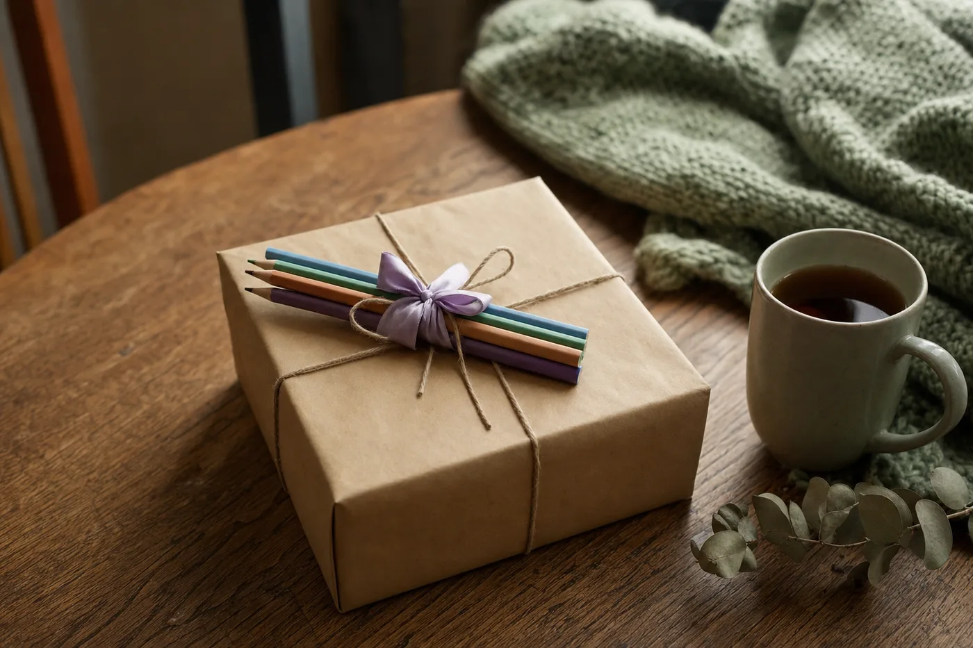 A coloring book gift wrapped in kraft paper with colored pencils tied on top