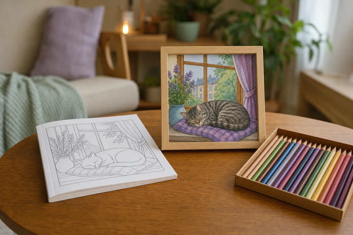 A coloring book beside a framed, finished coloring page of a sleeping cat and a box of colored pencils