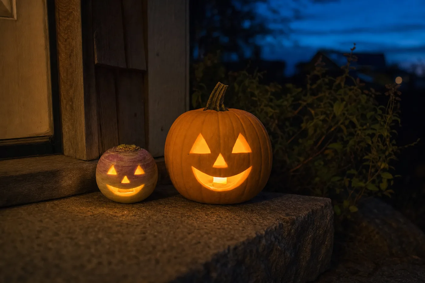 A carved turnip lantern next to a carved pumpkin on a porch step at night