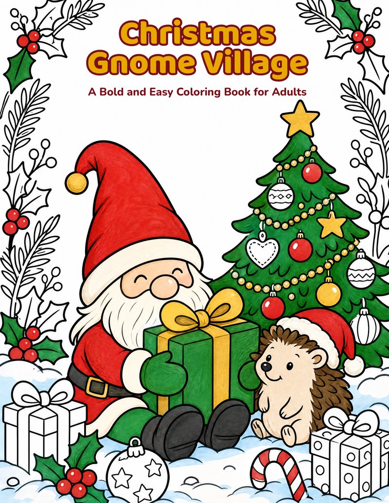 Cover of Christmas Gnome Village: A Bold and Easy Coloring Book for Adults.