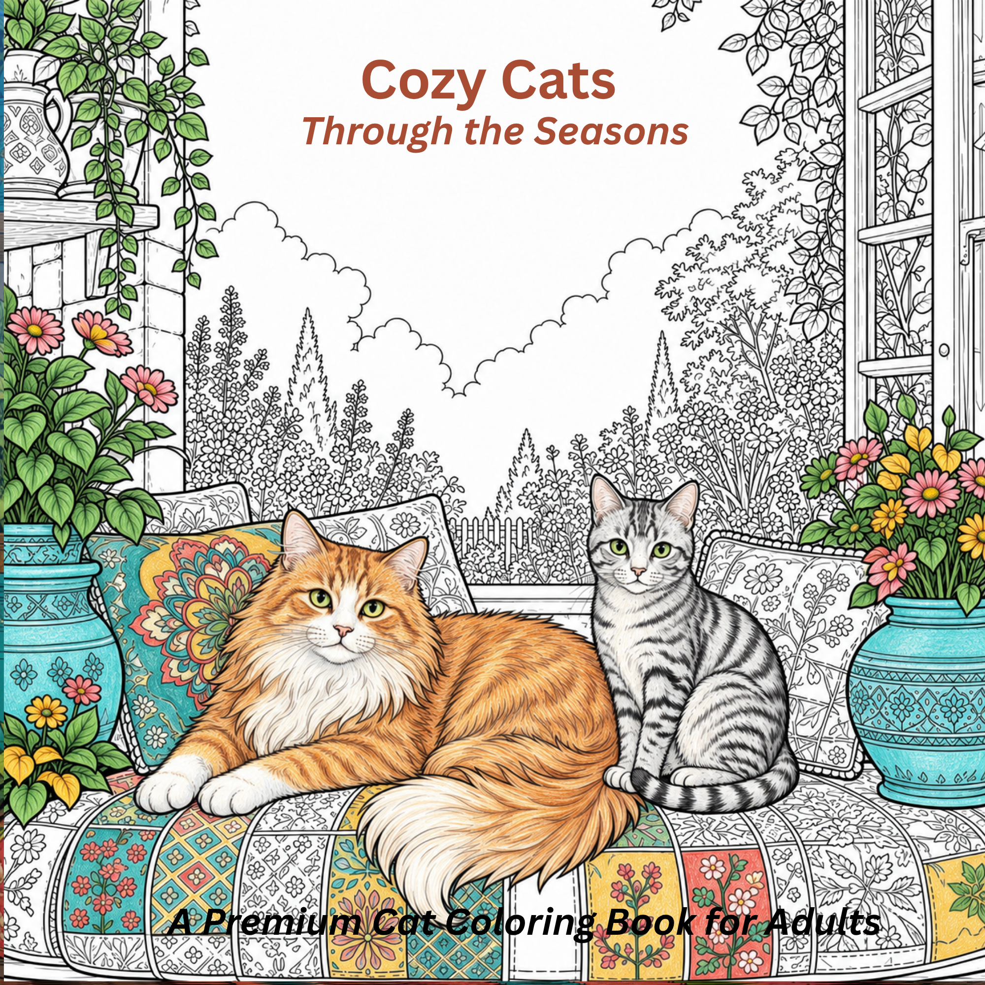 Cover of Cozy Cats Through the Seasons, a cat coloring book for adults.