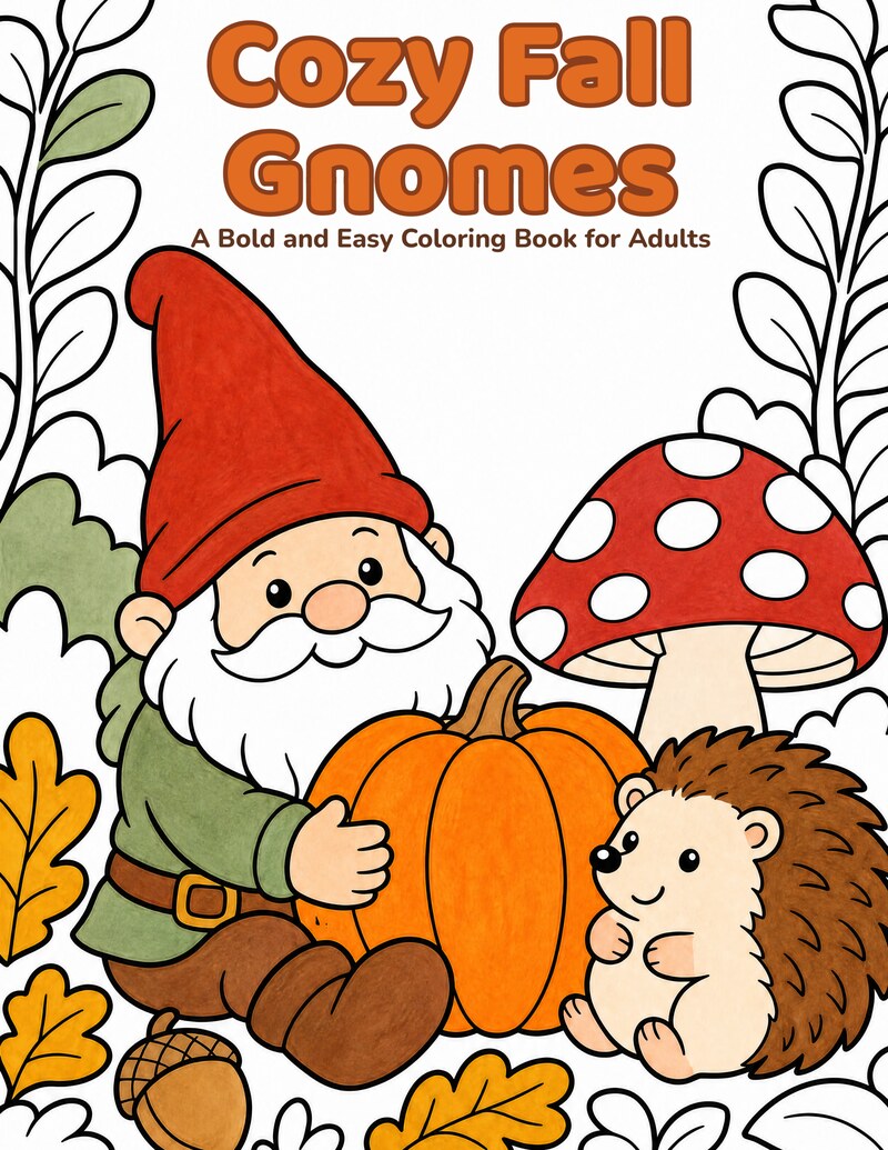Cover of Cozy Fall Gnomes: A Bold and Easy Coloring Book for Adults.