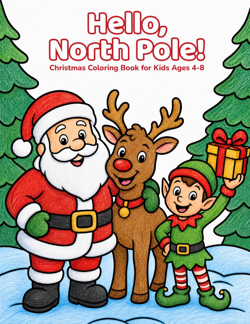 Cover of Hello, North Pole!, a Christmas coloring book for kids ages 4 to 8.