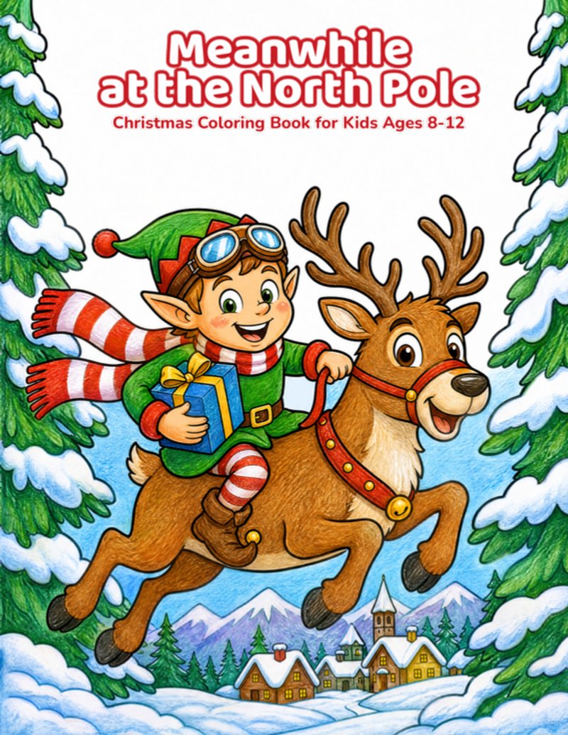 Cover of Meanwhile at the North Pole, a Christmas coloring book for kids ages 8 to 12.