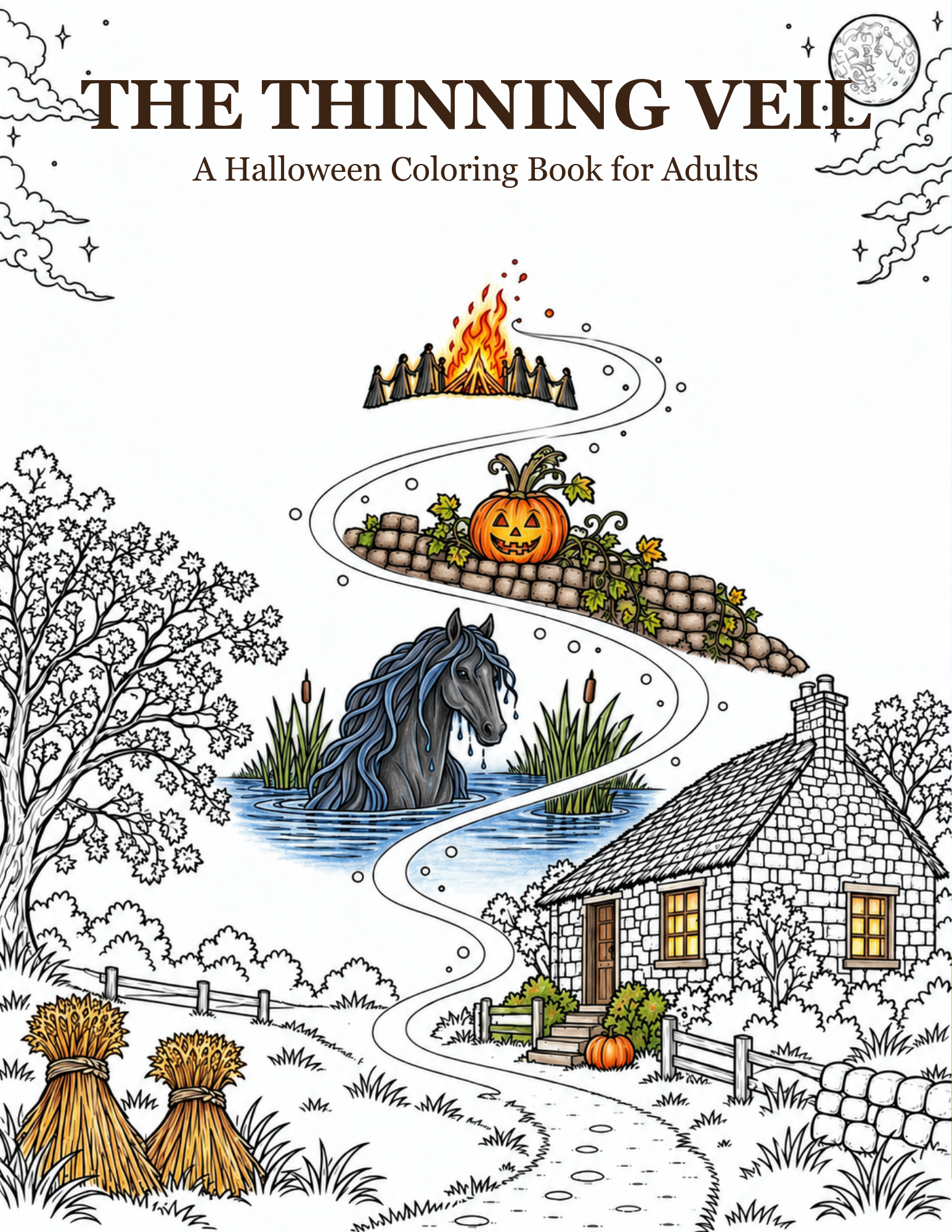 Cover of The Thinning Veil, a Halloween folklore coloring book for adults.
