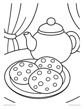 Printable adult coloring page: teapot and a plate of cookies.
