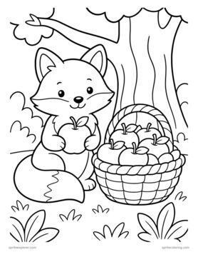 Printable adult coloring page: fox with a basket of apples.