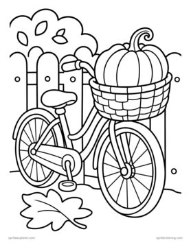Printable adult coloring page: bicycle with a basket of pumpkins.