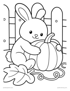 Printable adult coloring page: bunny hugging a pumpkin.