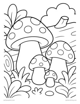 Printable adult coloring page: spotted mushroom cluster.