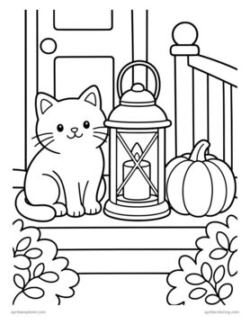 Printable adult coloring page: cat beside a lantern on the porch.