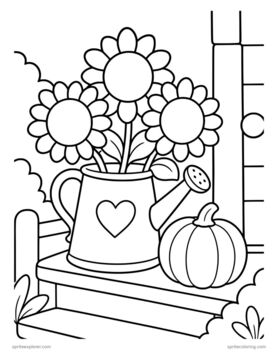 Printable adult coloring page: sunflowers in a watering can.