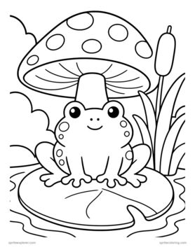 Printable adult coloring page: frog under a spotted mushroom.