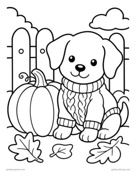 Printable adult coloring page: puppy in a sweater with pumpkins.