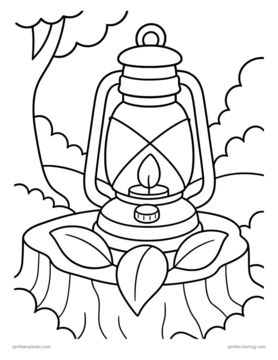 Printable adult coloring page: lantern on a stump with leaves.