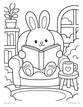 Printable adult coloring page: bunny reading in an armchair.