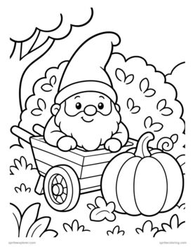 Printable adult coloring page: gnome in a wheelbarrow.