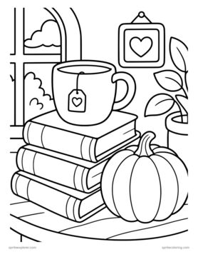 Printable adult coloring page: books, tea, and a pumpkin.