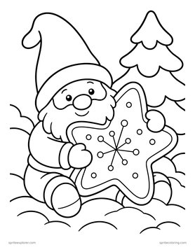 Printable adult coloring page: gnome with a giant star cookie.