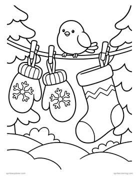 Printable adult coloring page: mittens and a stocking on a clothesline.