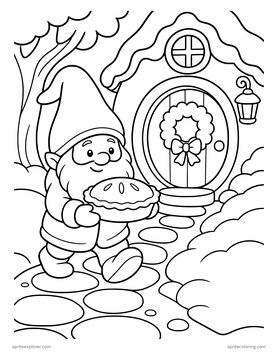 Printable adult coloring page: gnome bringing a pie to a neighbor.