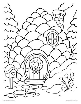 Printable adult coloring page: pinecone cottage.
