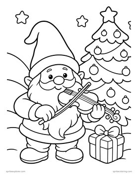 Printable adult coloring page: gnome playing the fiddle.