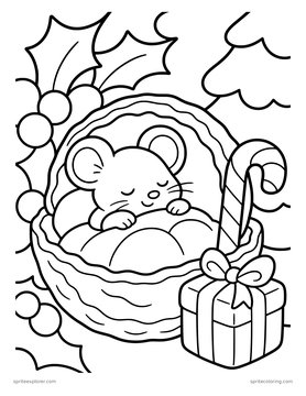 Printable adult coloring page: mouse asleep in a walnut shell.