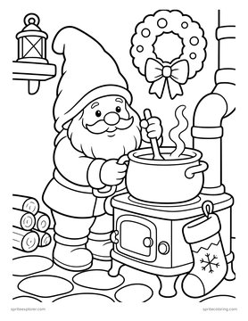 Printable adult coloring page: gnome stirring a soup pot.