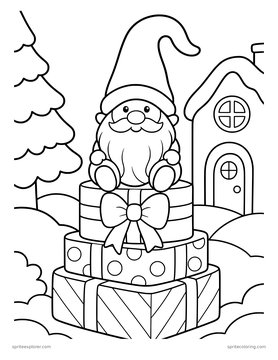 Printable adult coloring page: gnome on a stack of presents.