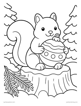 Printable adult coloring page: squirrel with an ornament on a stump.